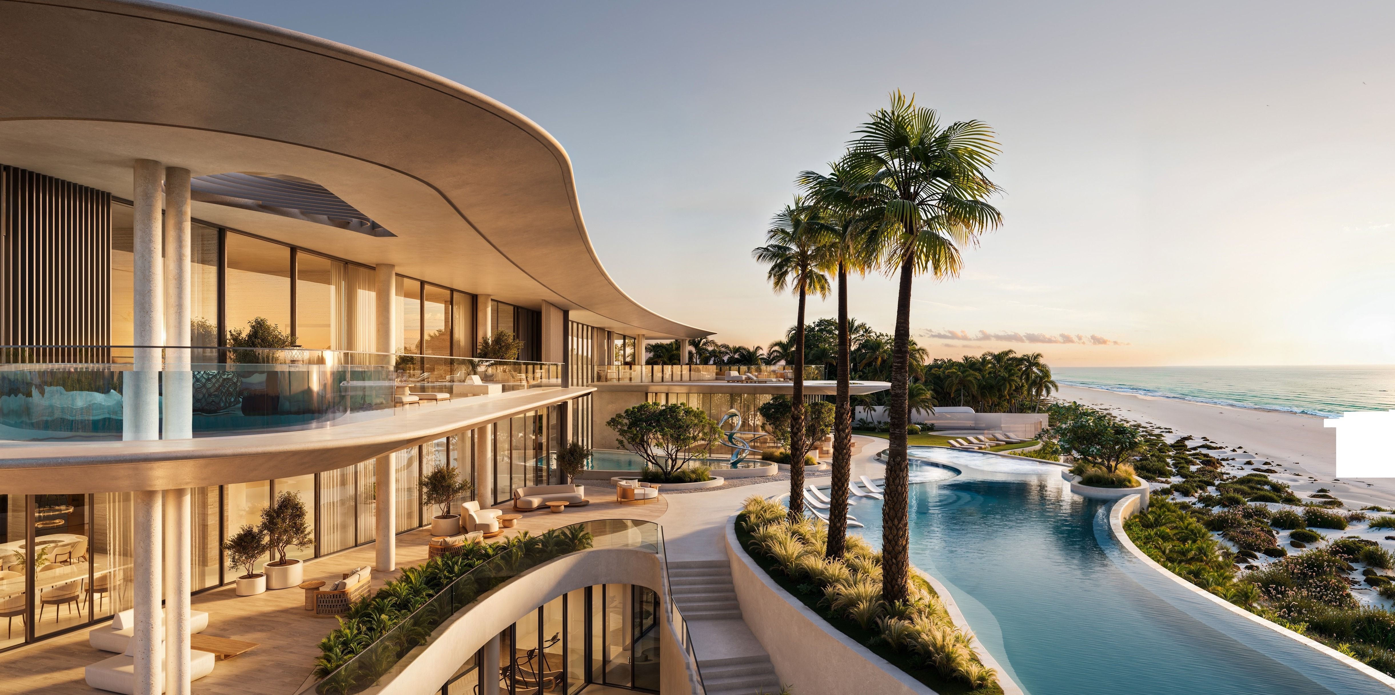 Curving villa terraces and pool beside the coast, representative imagery supplied for Faya Al Saadiyat Mansion 11.
