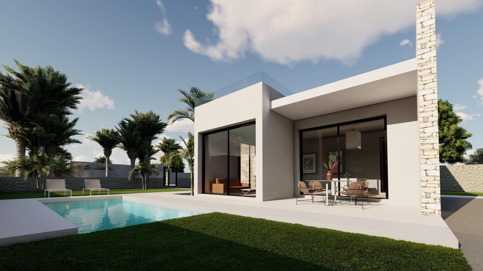 Illustrative rendering of a single-storey contemporary villa beside a swimming pool and lawn