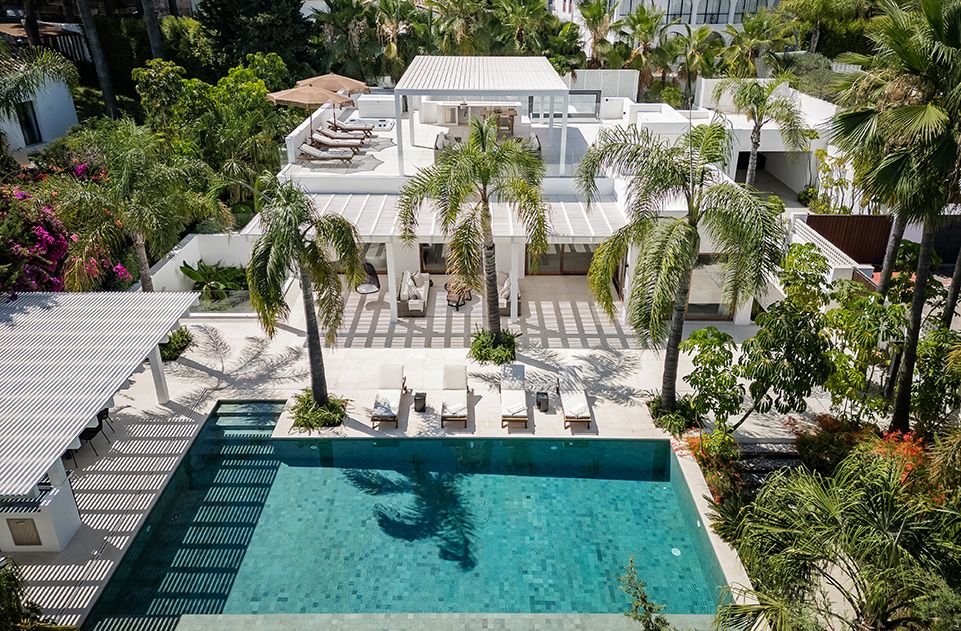Aerial exterior view of Villa Bali and its private pool in Las Brisas, Marbella.