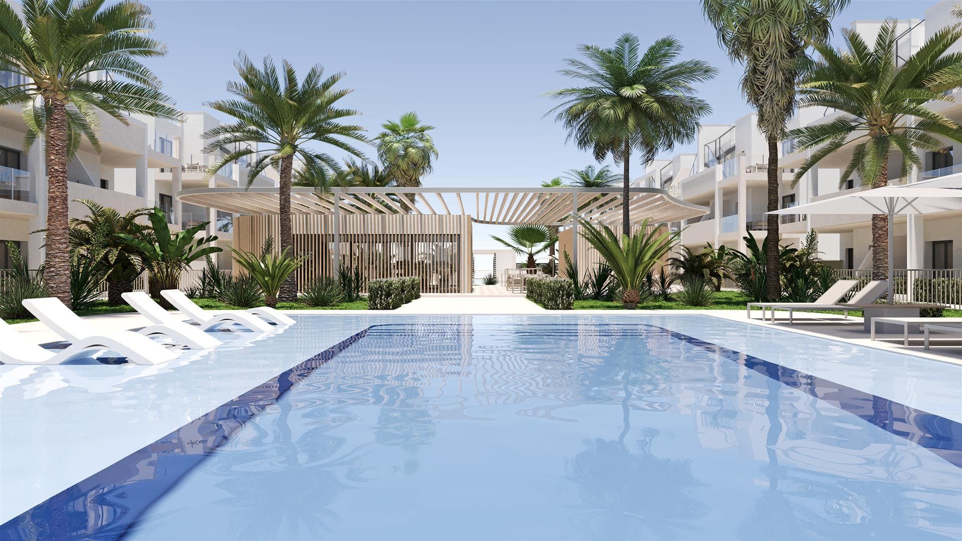 Representative rendering of a communal swimming pool between white apartment buildings in daylight