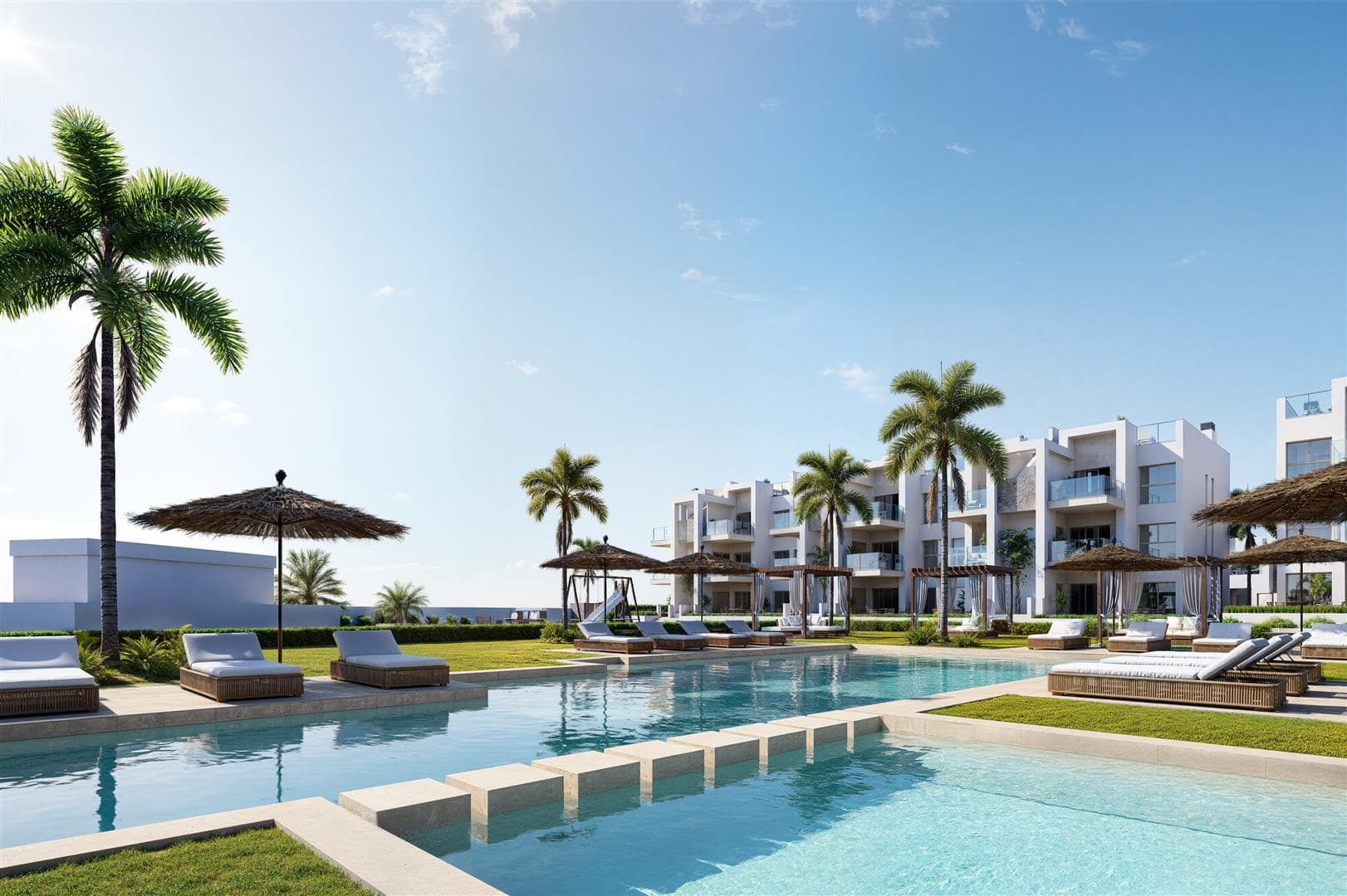 Architectural visualisation of apartment buildings beside a communal swimming pool