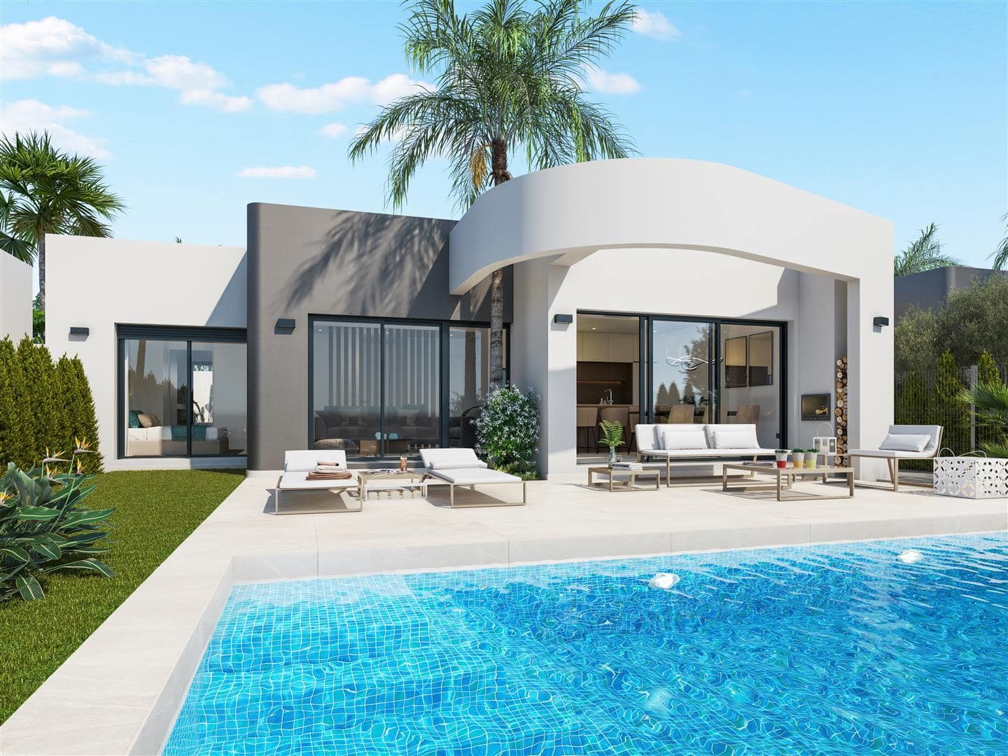 Illustrative rendering of a single-storey white villa beside a swimming pool and terrace