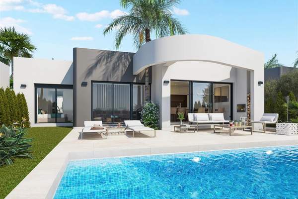 Illustrative rendering of a single-storey white villa beside a swimming pool and terrace