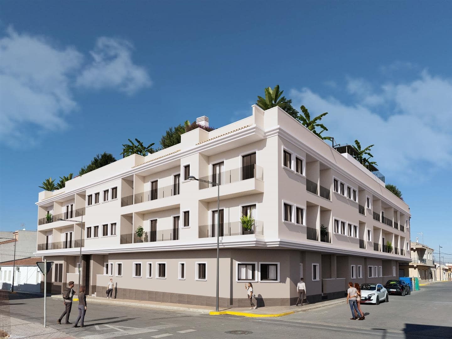Representative rendering of a white apartment building on a street corner in daylight