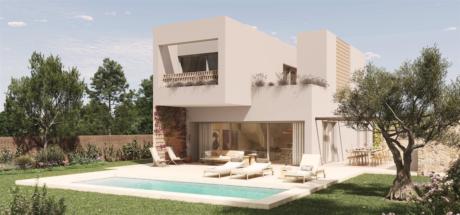 Illustrative rendering of a contemporary white villa beside a swimming pool, terrace and landscaped garden