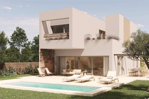 Illustrative rendering of a contemporary white villa beside a swimming pool, terrace and landscaped garden