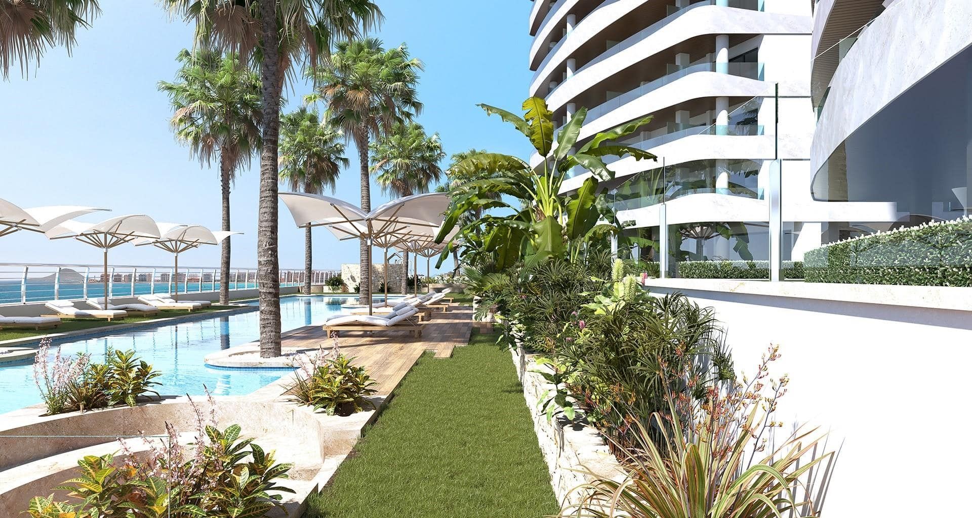Architectural visualisation of a landscaped pool deck with palm trees beside a curved white apartment building