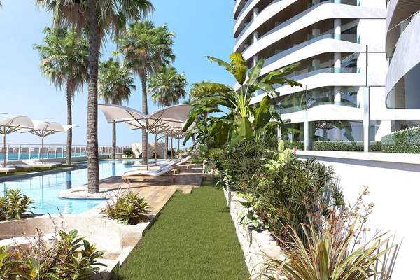 Architectural visualisation of a landscaped pool deck with palm trees beside a curved white apartment building