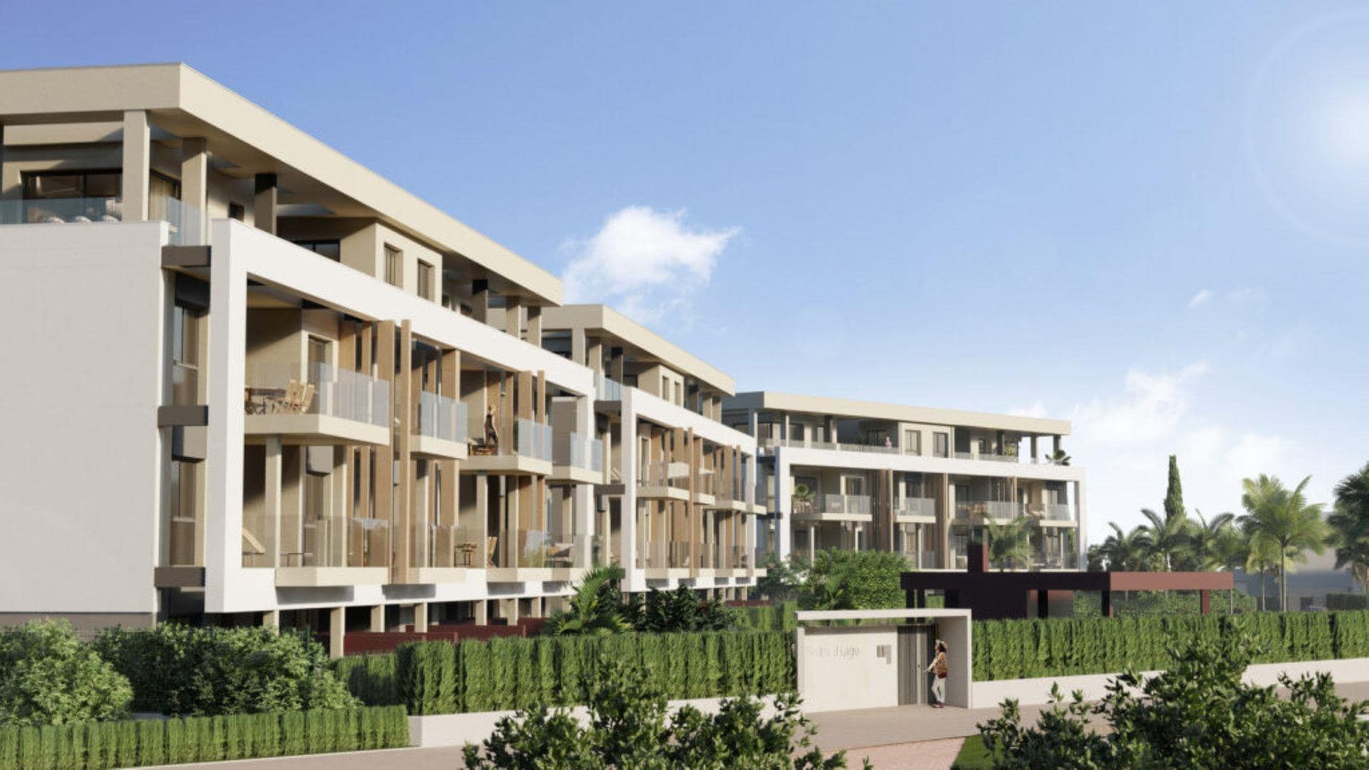 Representative daylight rendering of contemporary apartment buildings with landscaped planting