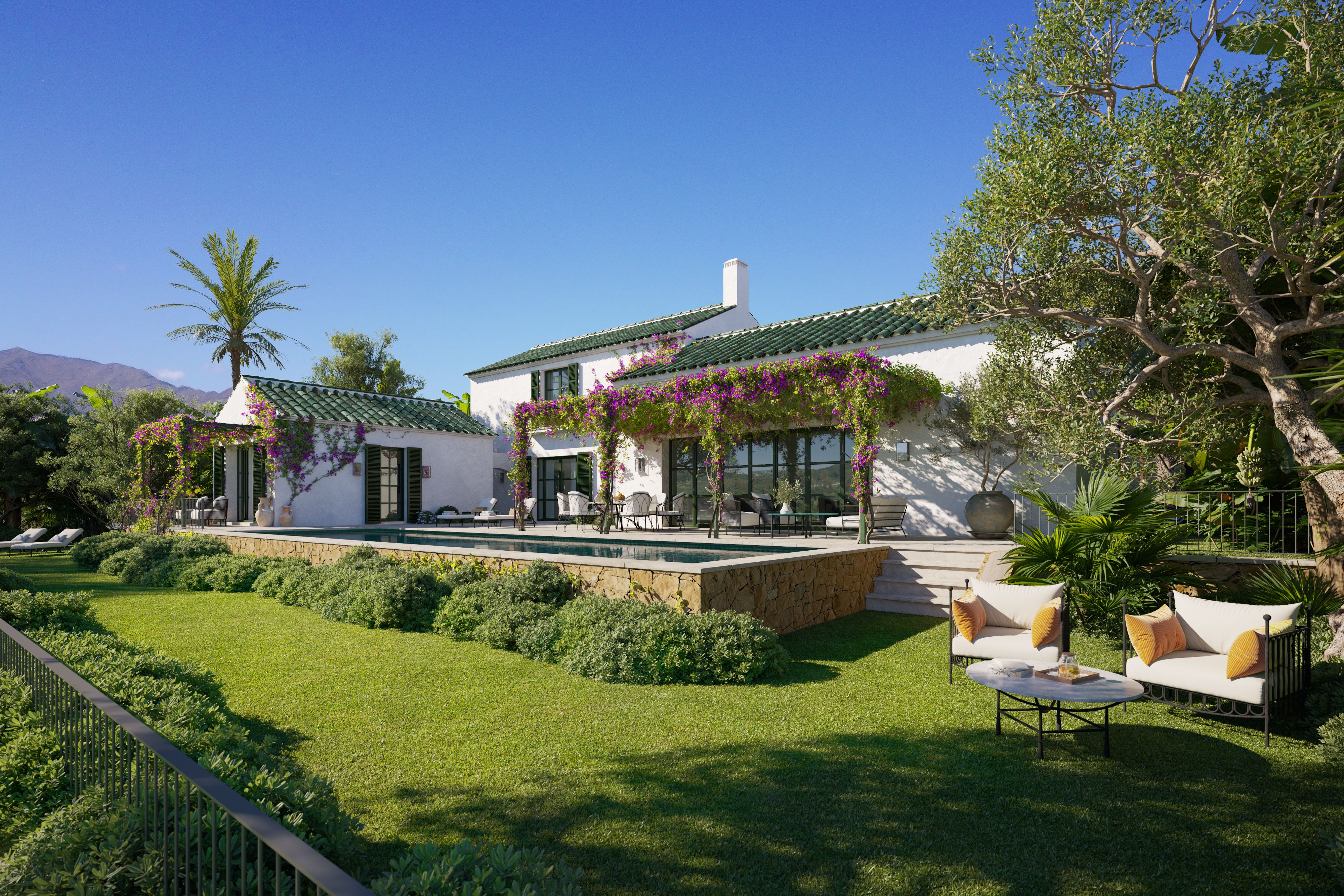Cortijo 1 garden facade and private swimming pool in Finca Cortesin