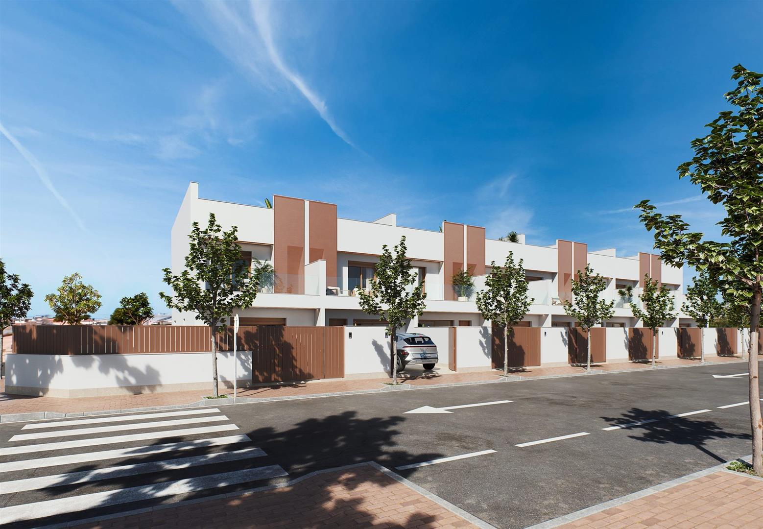 Representative rendering of a row of contemporary townhouses viewed across a street in daylight