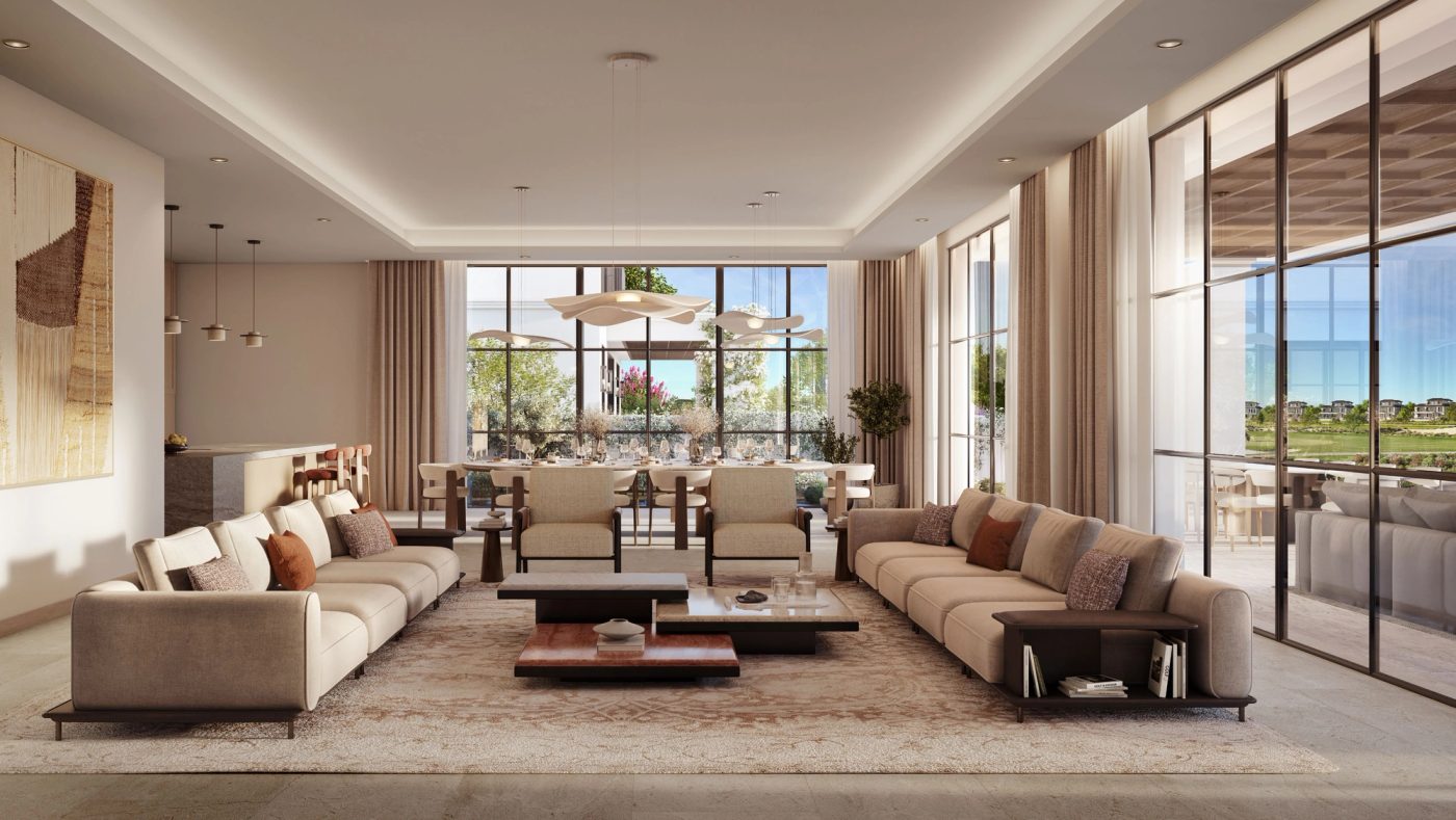 Architectural visualisation of an open-plan Hudayriyat Golf Estates living space overlooking landscaped fairways.