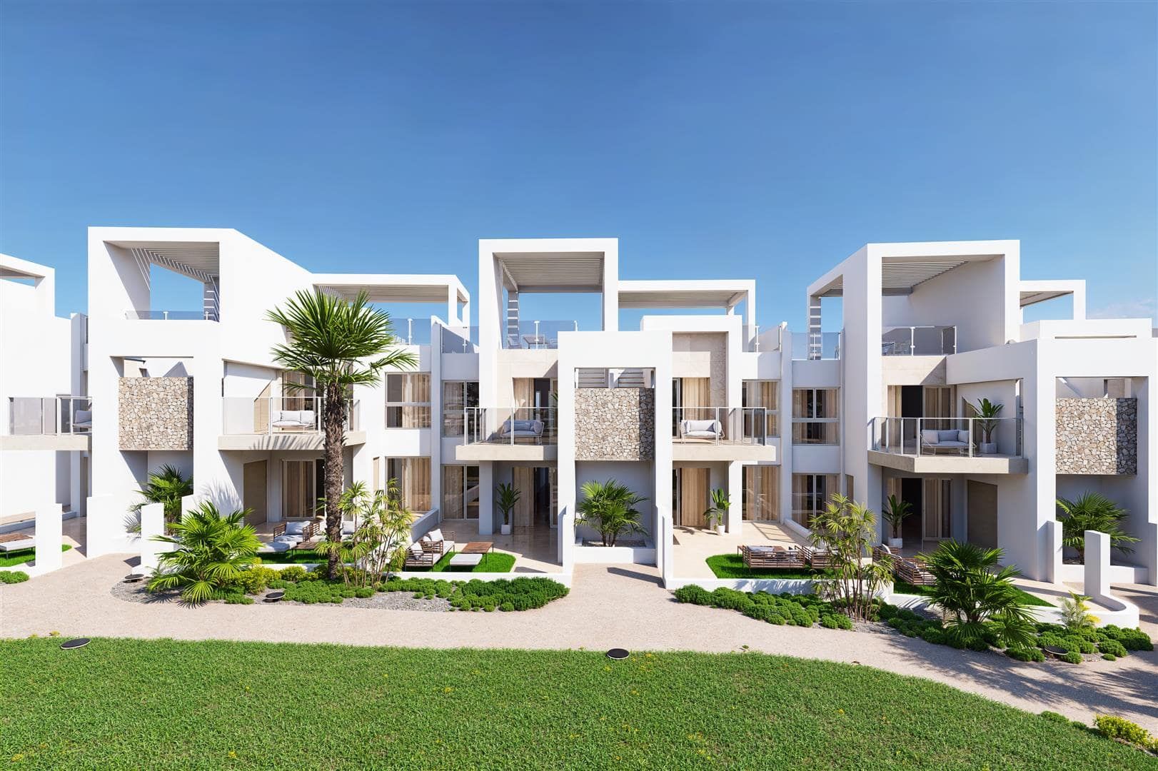 Illustrative garden-facing exterior of white apartment buildings with terraces and planted paths