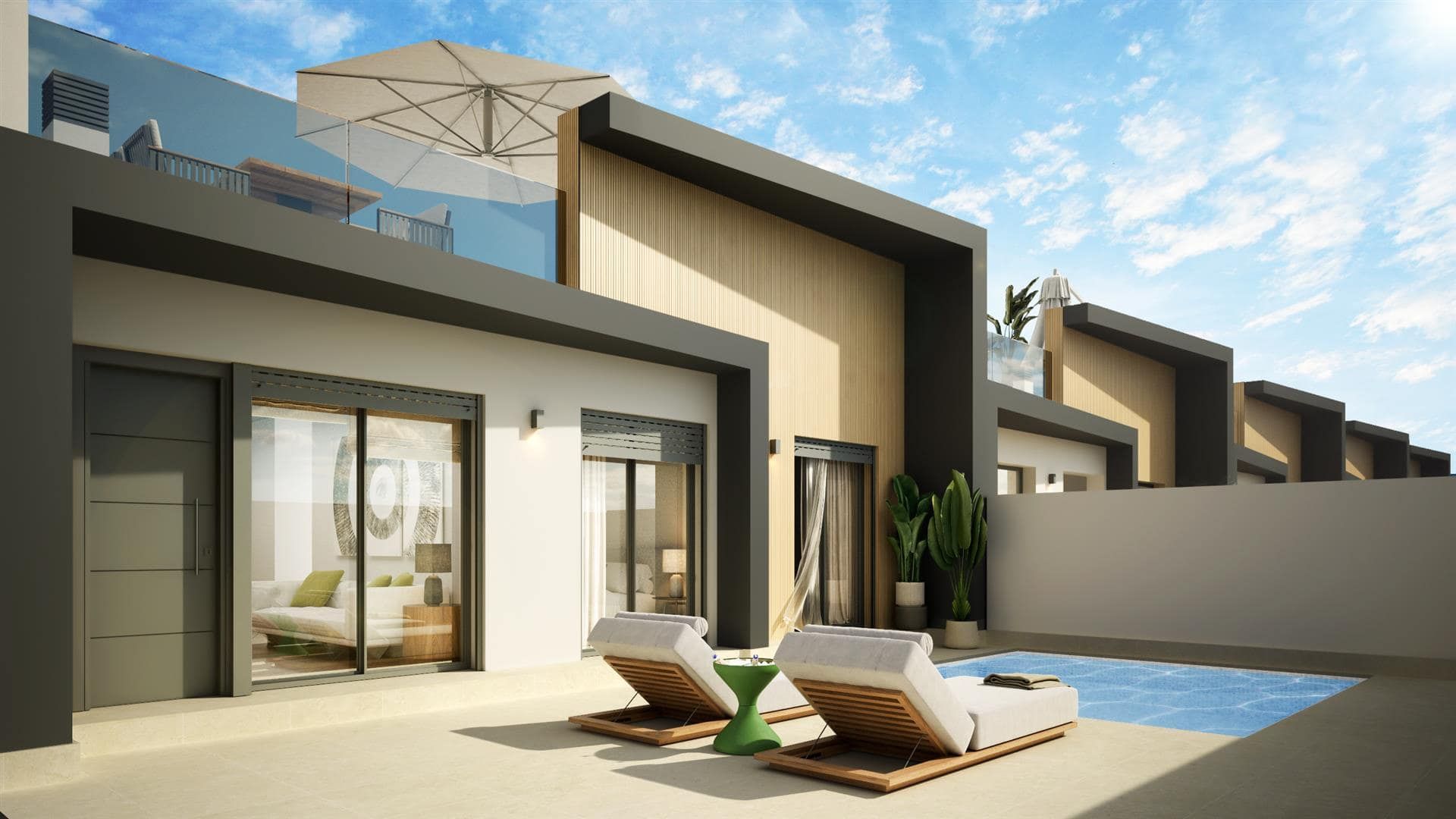 Architectural visualisation of a single-storey home with pool terrace and sun loungers
