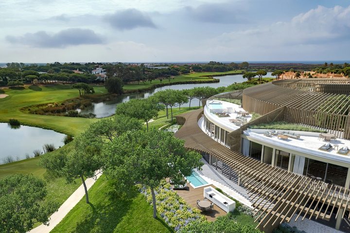 Architectural visualisation of Sutaya residences overlooking Quinta do Lago fairways and lagoon landscape
