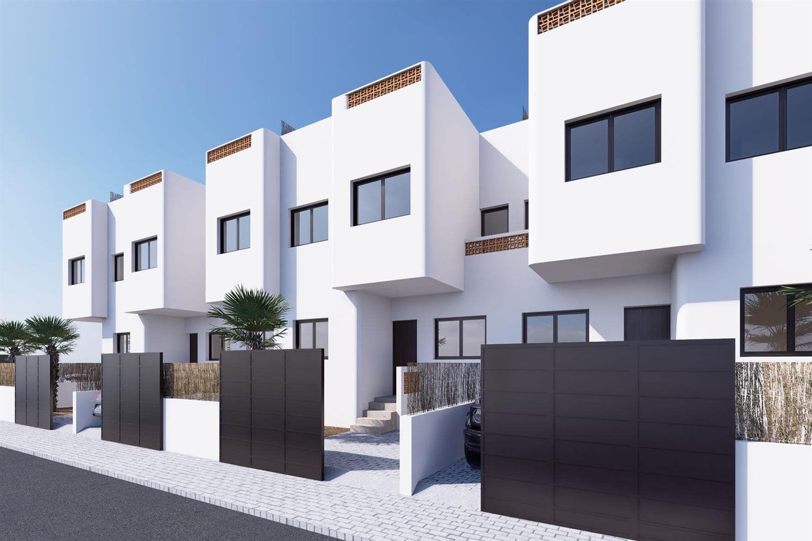 Representative rendering of the rear apartment elevations and gated street approach in daylight