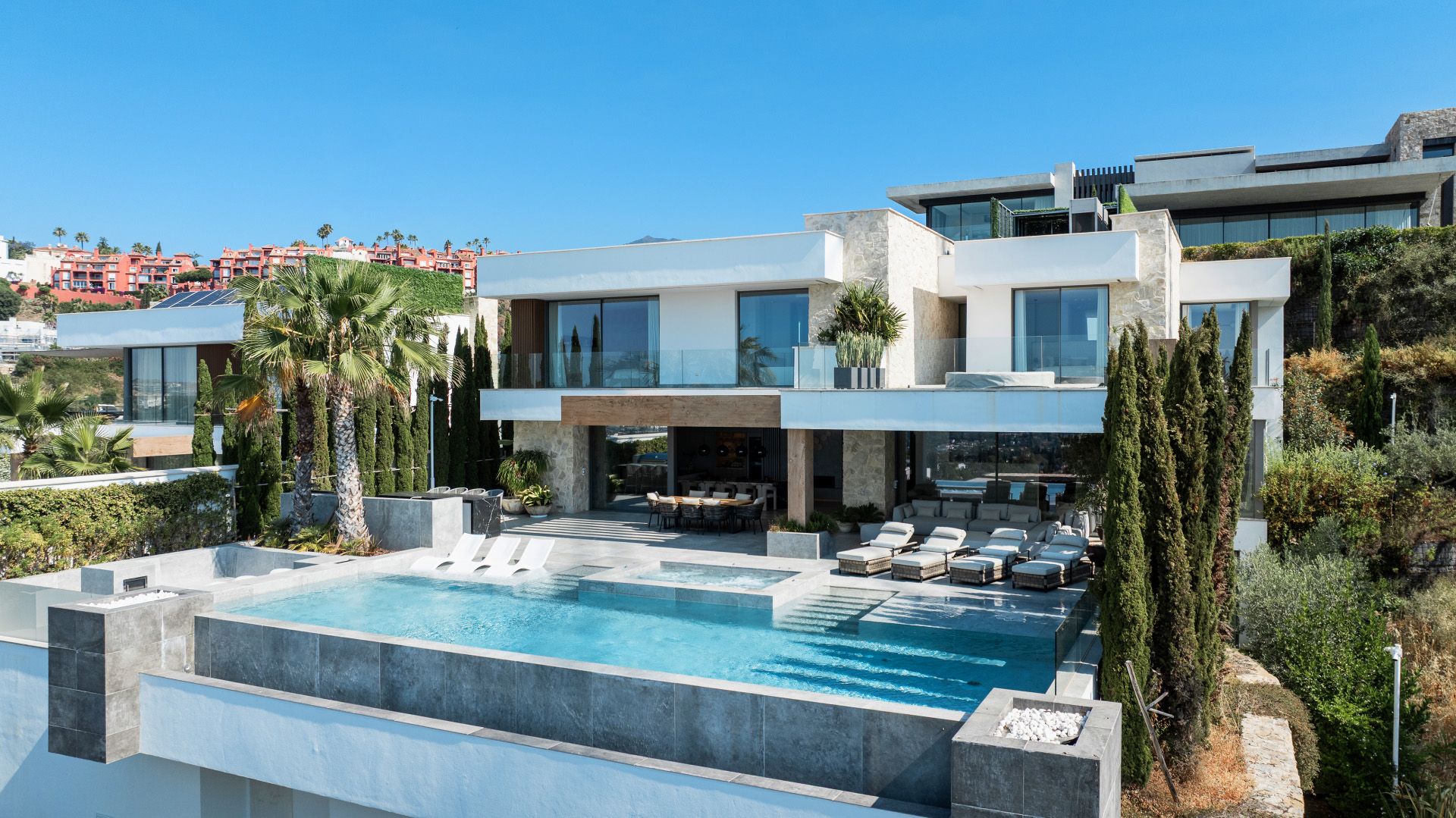 Villa Mare exterior with its private infinity pool and landscaped garden