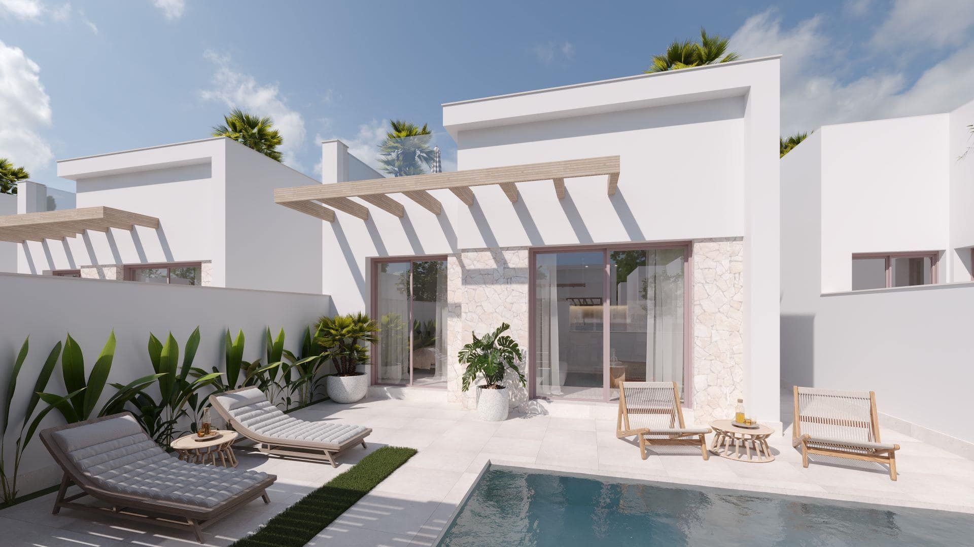 Representative daylight rendering of a contemporary single-storey villa with a terrace and swimming pool