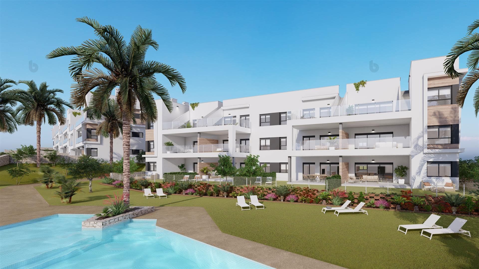 Illustrative rendering of a white apartment complex beside landscaped communal gardens and a swimming pool
