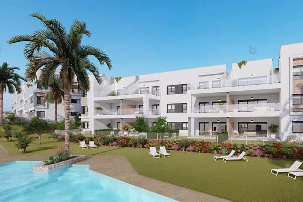 Illustrative rendering of a white apartment complex beside landscaped communal gardens and a swimming pool