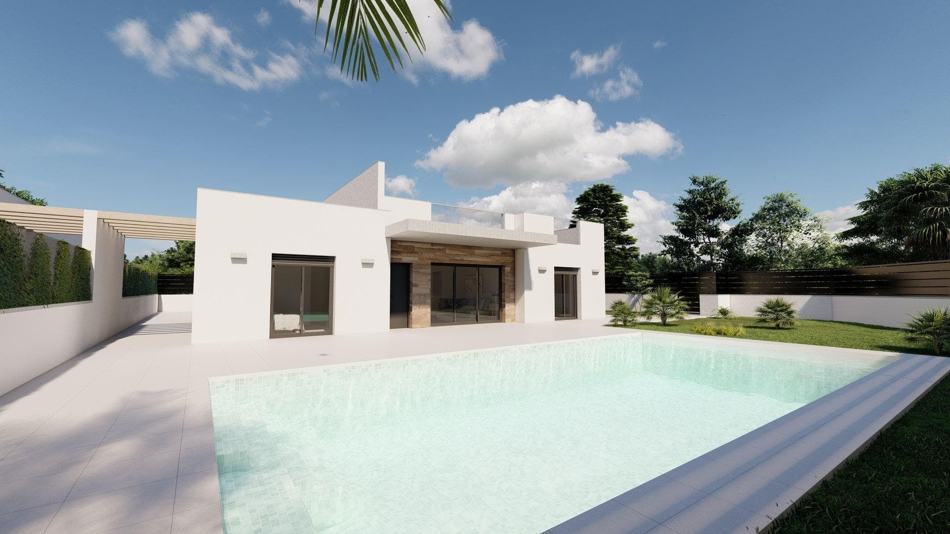 Representative daylight rendering of a white single-level contemporary home facing a swimming pool