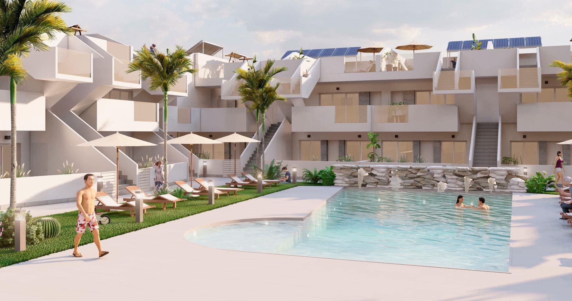 Representative rendering of apartment buildings and a communal swimming pool in daylight