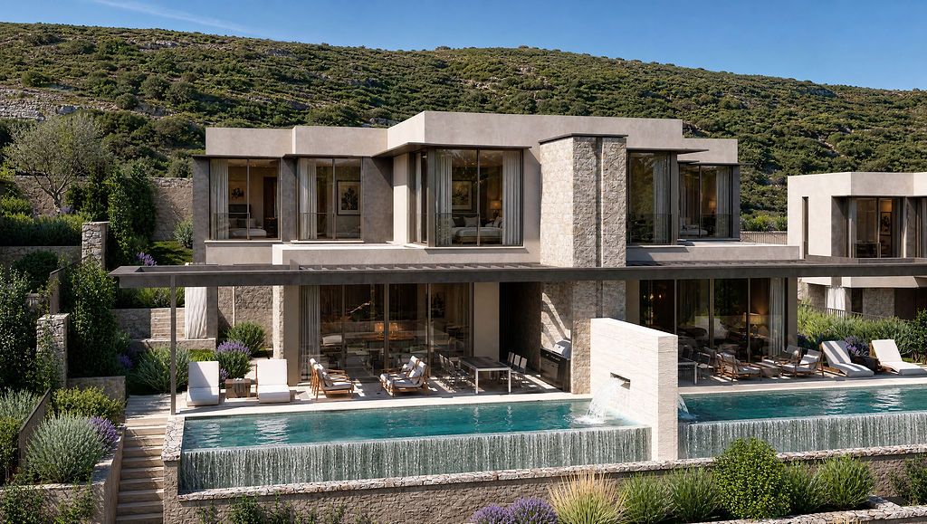 Architectural render of the paired Twin Villas with terraces and pools