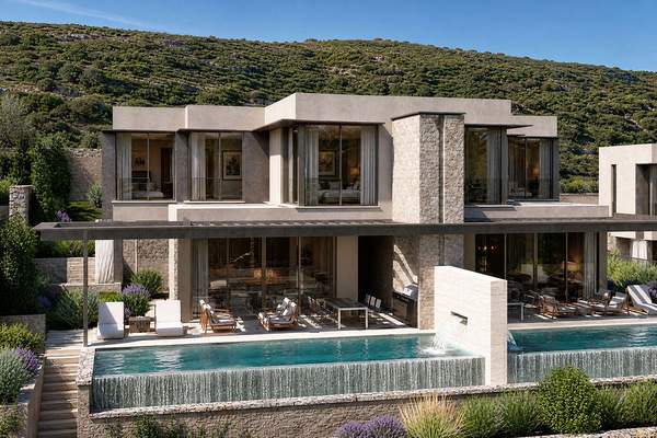 Architectural render of the paired Twin Villas with terraces and pools