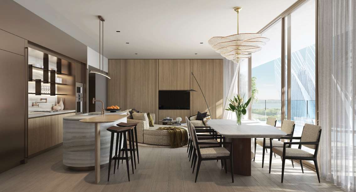 Open-plan kitchen, dining and living area at Mandarin Oriental Residences, Saadiyat Cultural District.