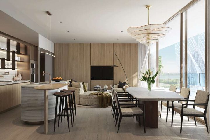 Open-plan kitchen, dining and living area at Mandarin Oriental Residences, Saadiyat Cultural District.