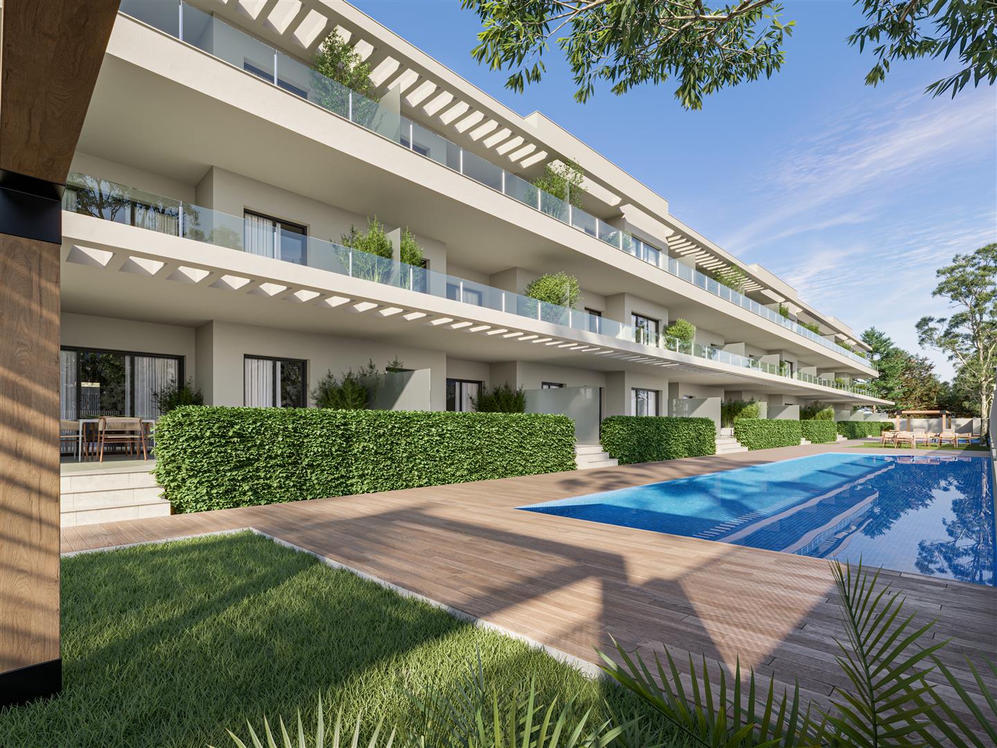 Representative rendering of a contemporary apartment building beside a landscaped swimming pool in daylight