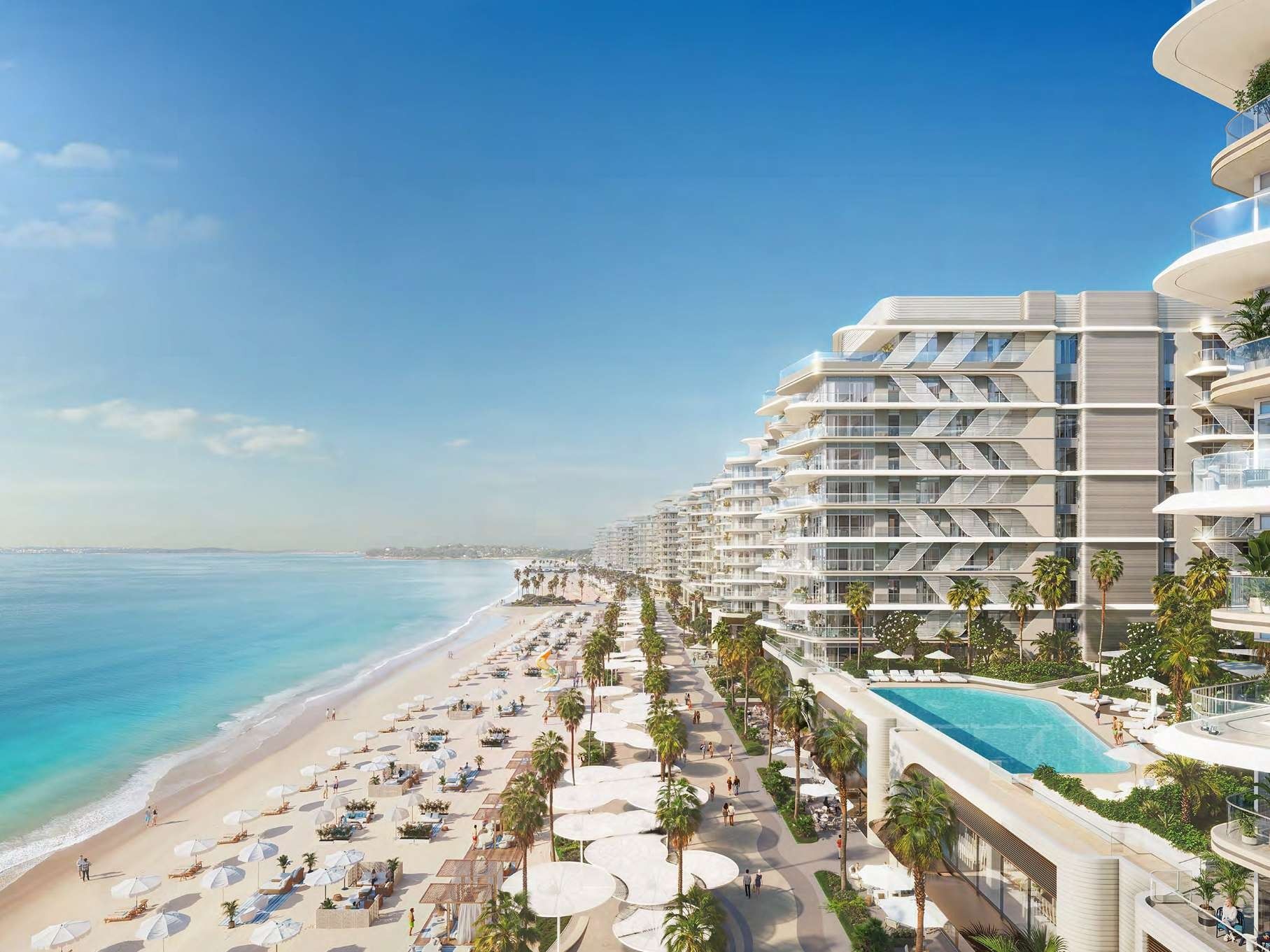 Elevated CGI of Fahid Beach Residences, the beach promenade and an ocean-facing pool.
