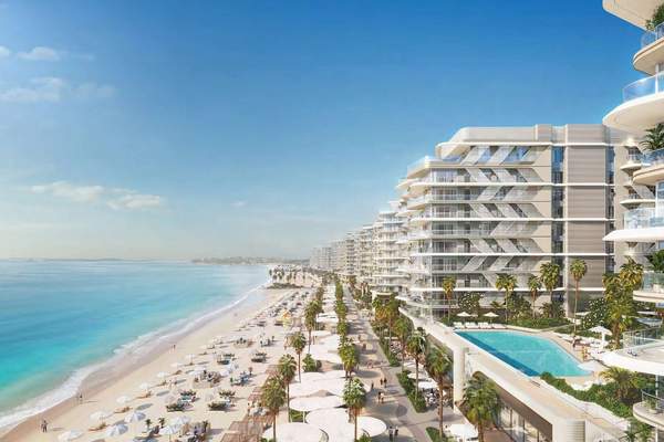 Elevated CGI of Fahid Beach Residences, the beach promenade and an ocean-facing pool.