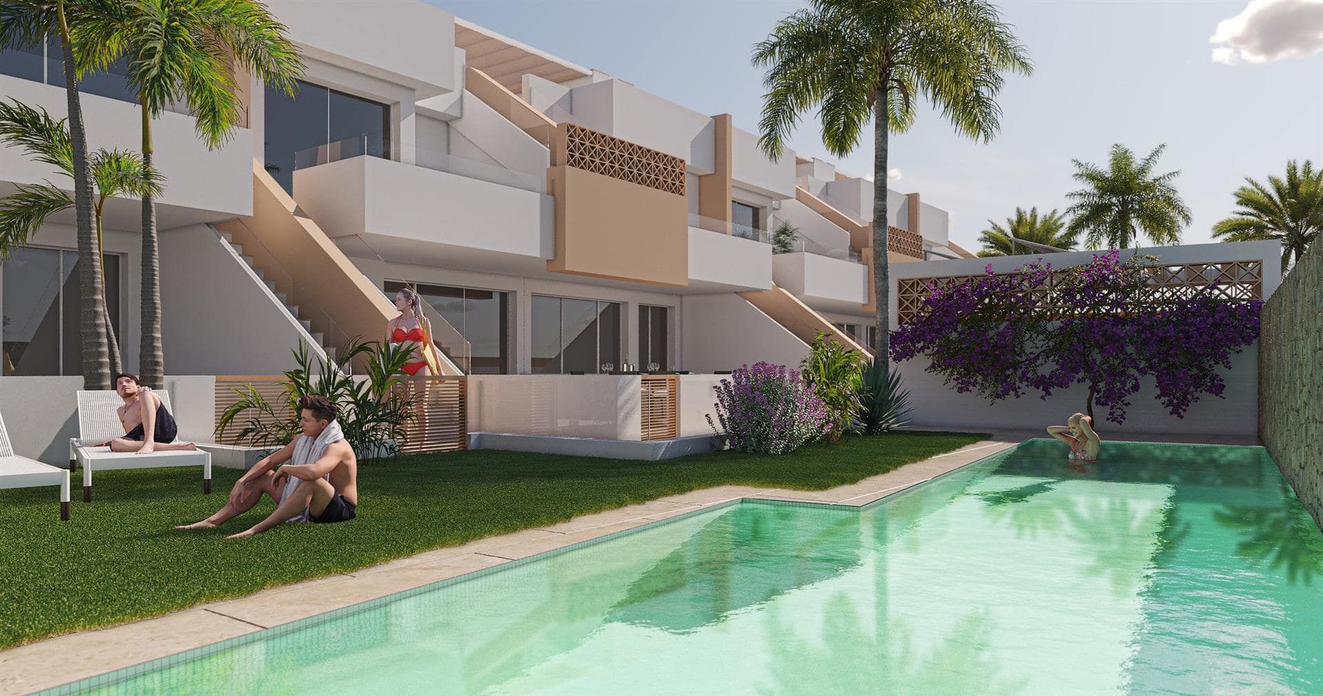 Representative rendering of apartment buildings beside a landscaped swimming pool in daylight