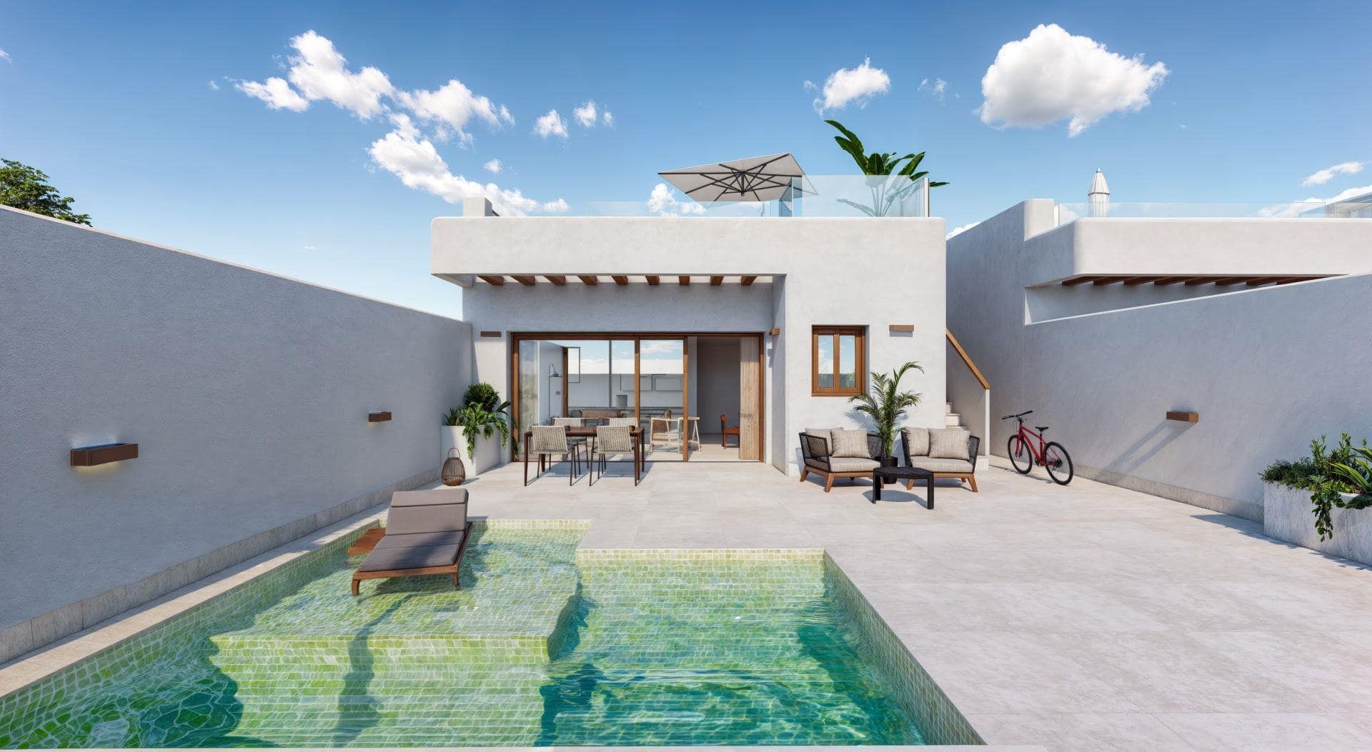 Representative daylight rendering of a single-level contemporary home with a rear terrace and swimming pool