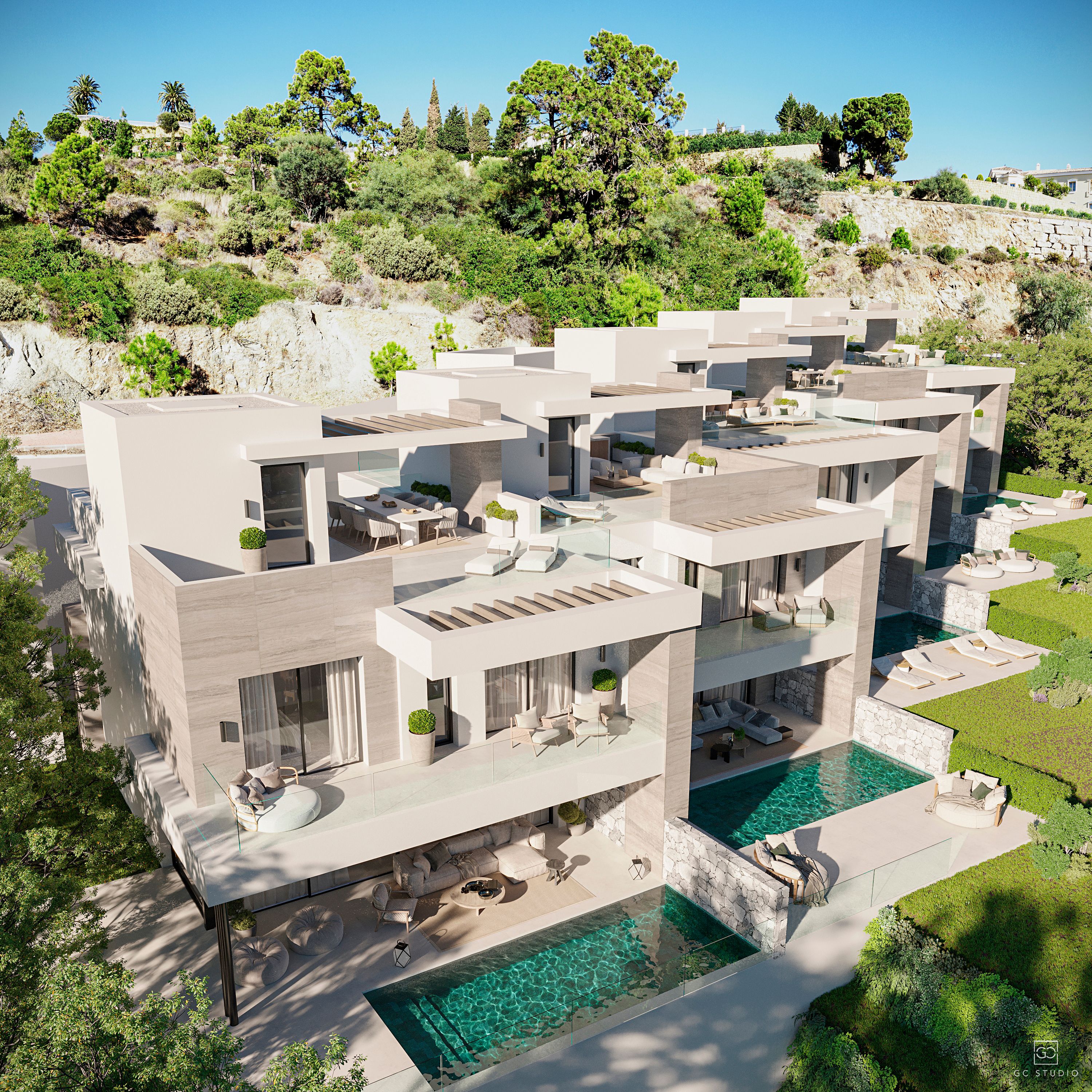 Altura Residences villa exterior with private pool and terraced hillside setting in La Quinta, Benahavis