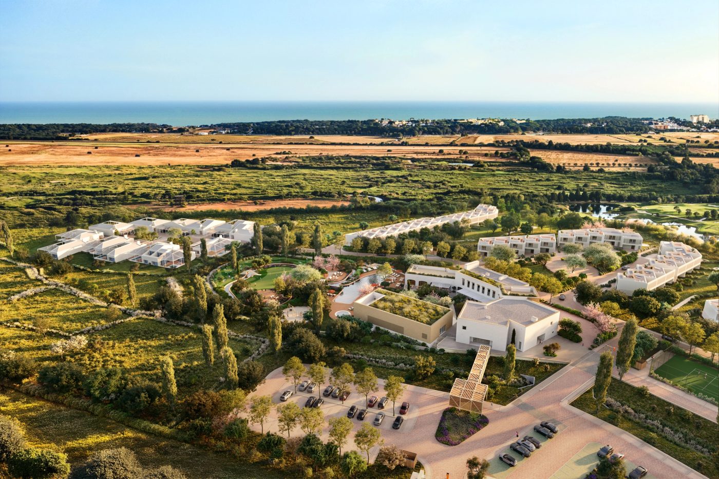 Architectural aerial visualisation of Springs at The Els residences and the surrounding Vilamoura golf landscape