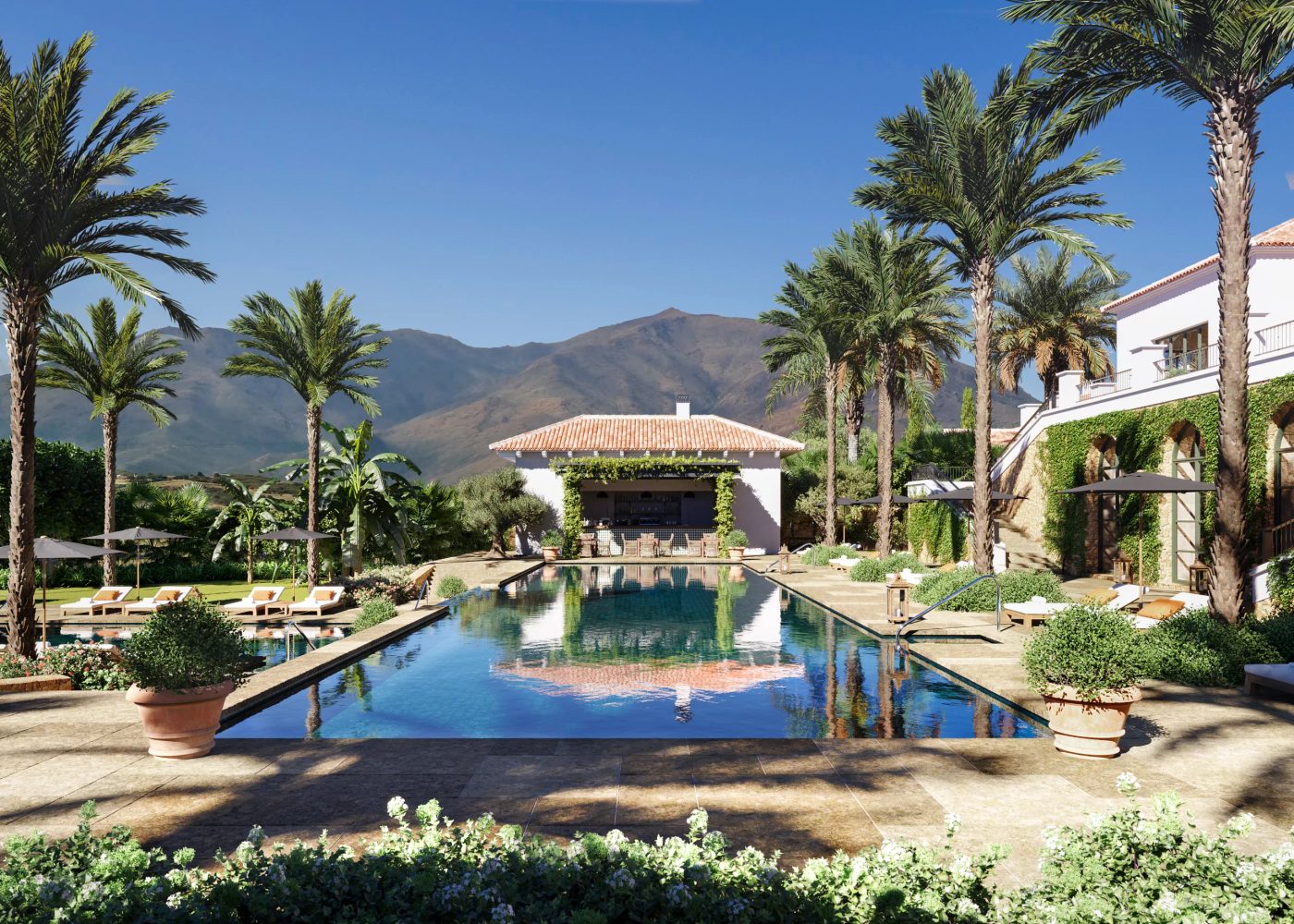 Architectural visualisation of the Cortesin Hill Club residents’ Club House, pool and gardens