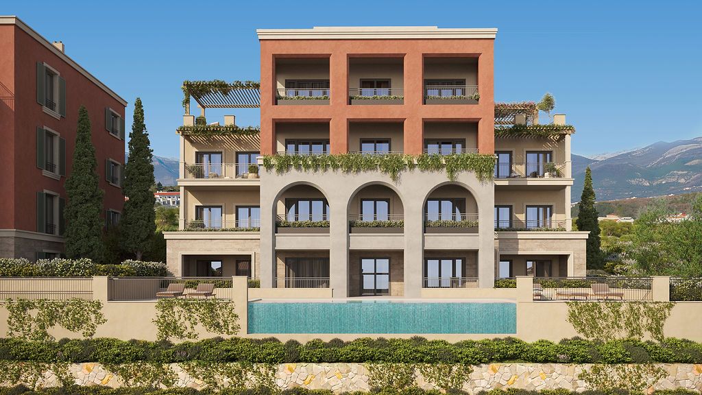 Front elevation of Marina Village residences and swimming pool
