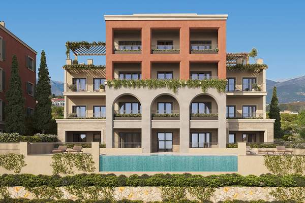 Front elevation of Marina Village residences and swimming pool