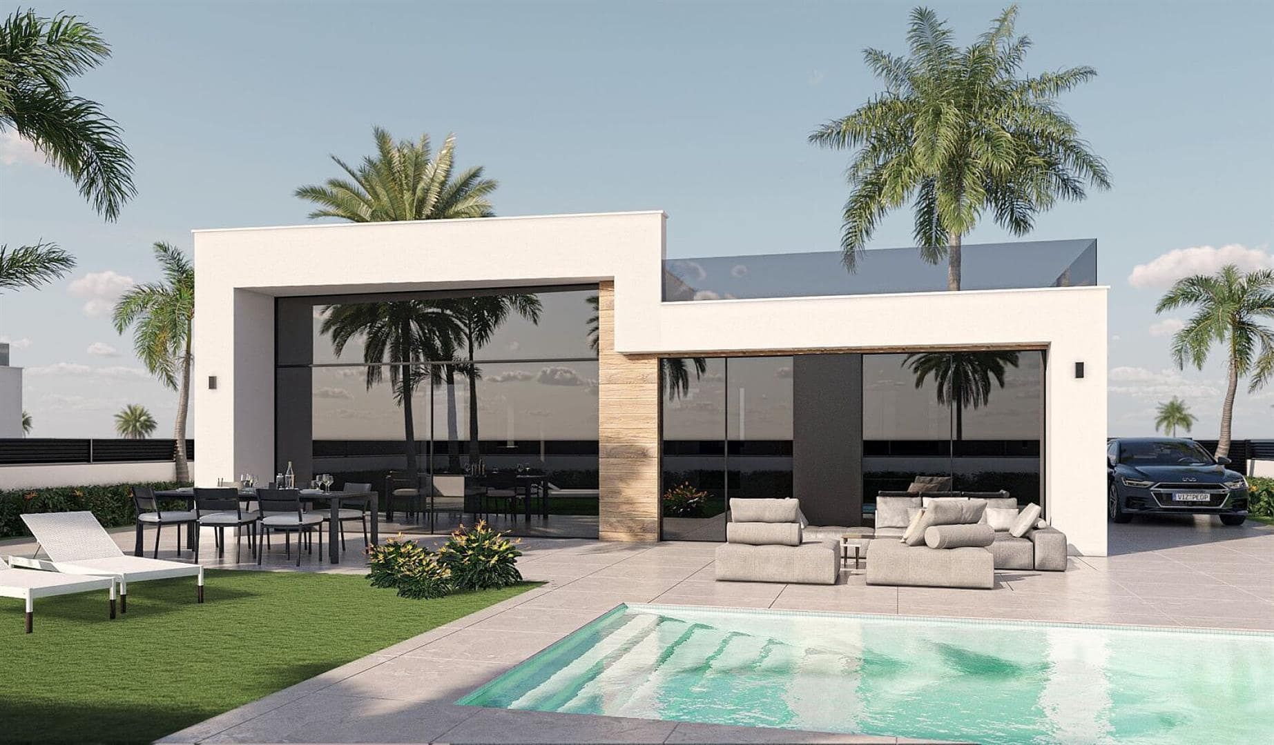Representative rendering of a contemporary villa terrace and swimming pool