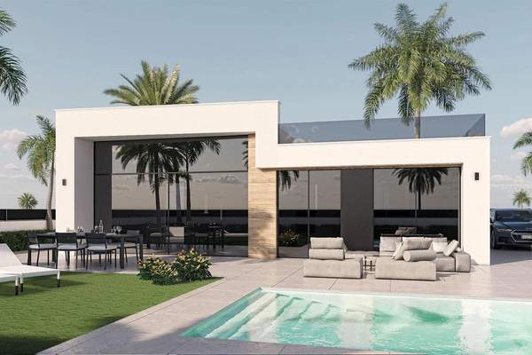Representative rendering of a contemporary villa terrace and swimming pool