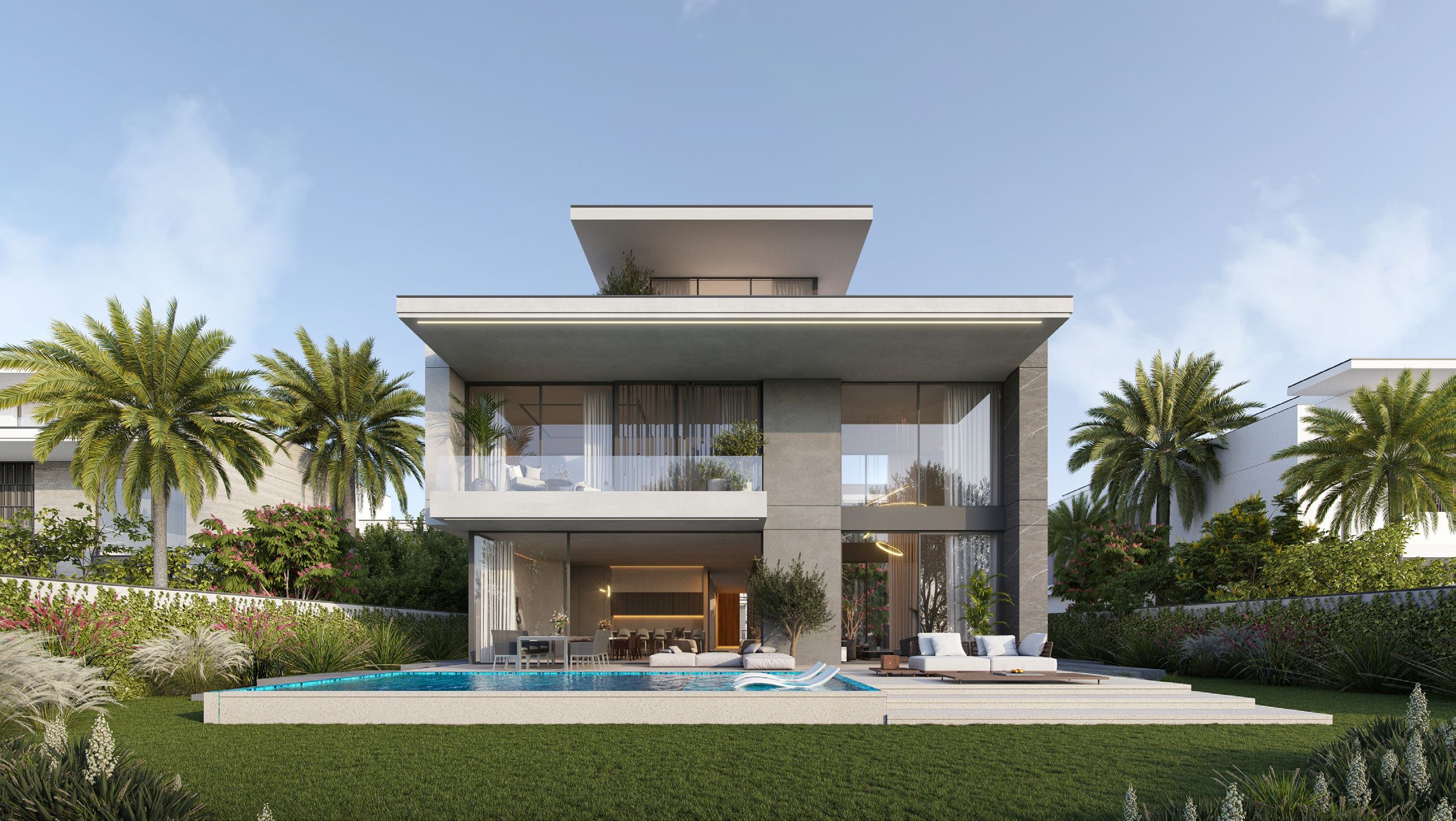 Illustrative rear garden and pool view of a contemporary Cedarwood villa