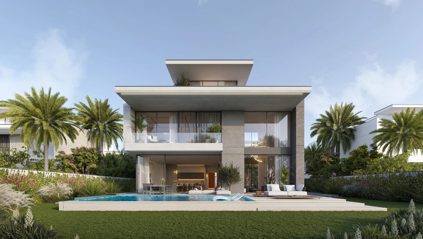CGI of a contemporary Cedarwood villa rear garden with a private pool