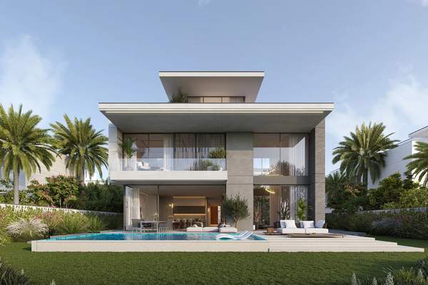 Illustrative rear garden and pool view of a contemporary Cedarwood villa