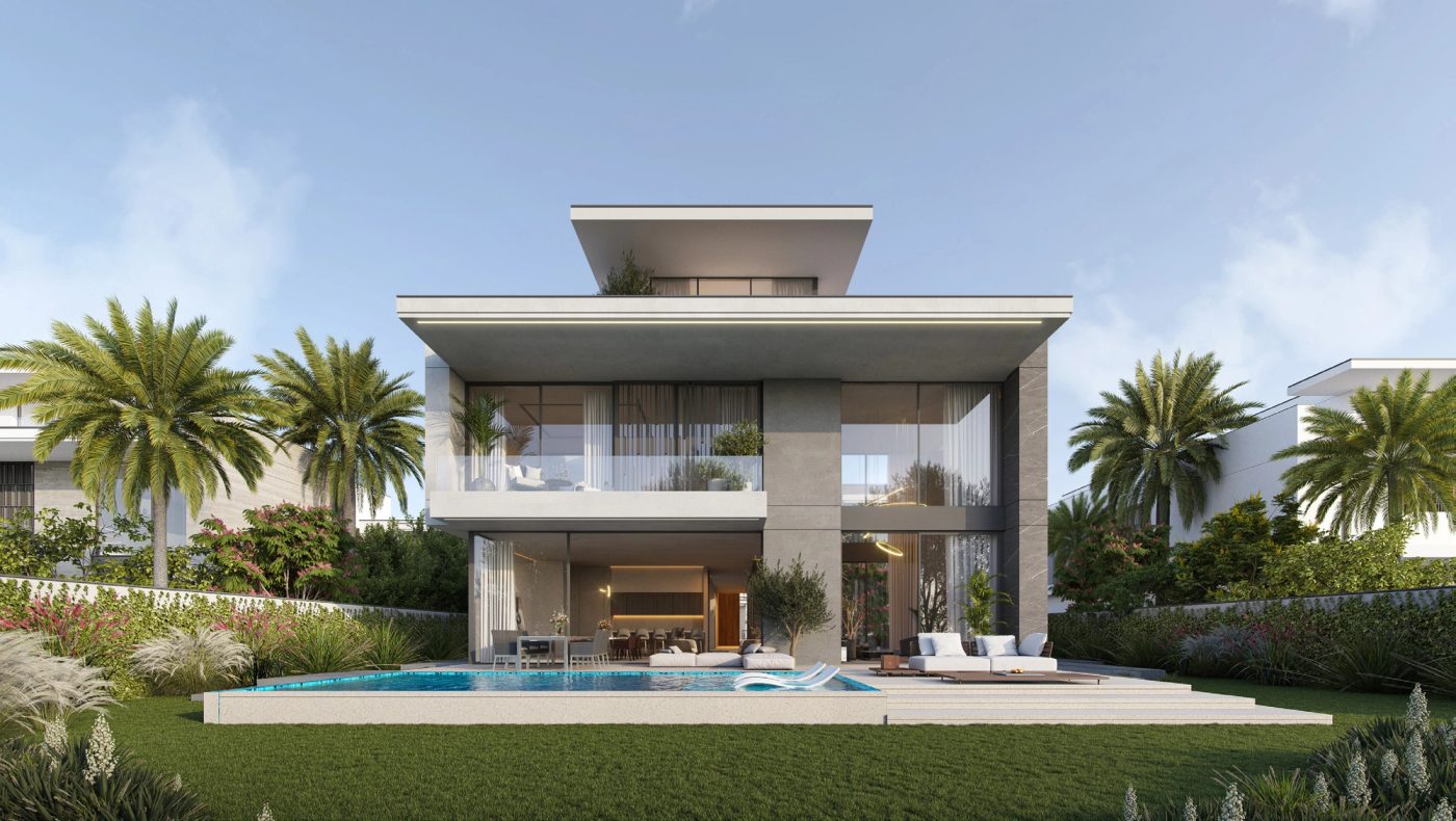CGI of a contemporary Cedarwood villa rear garden with a private pool