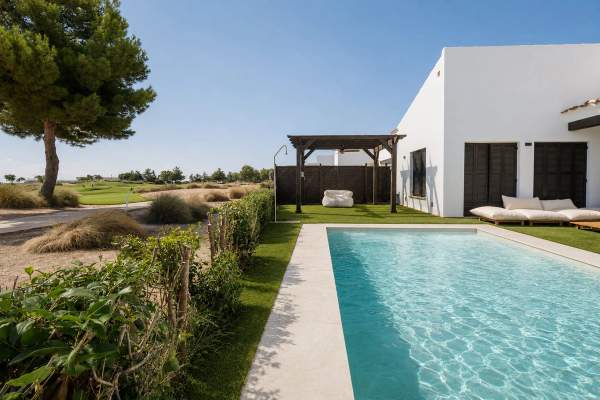 Swimming pool beside the white villa with open views across the golf course.
