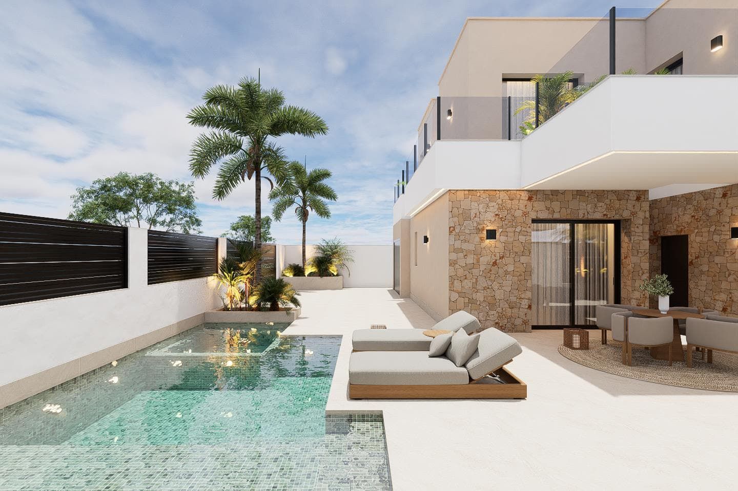 Architectural visualisation of a contemporary villa beside a swimming pool and furnished terrace