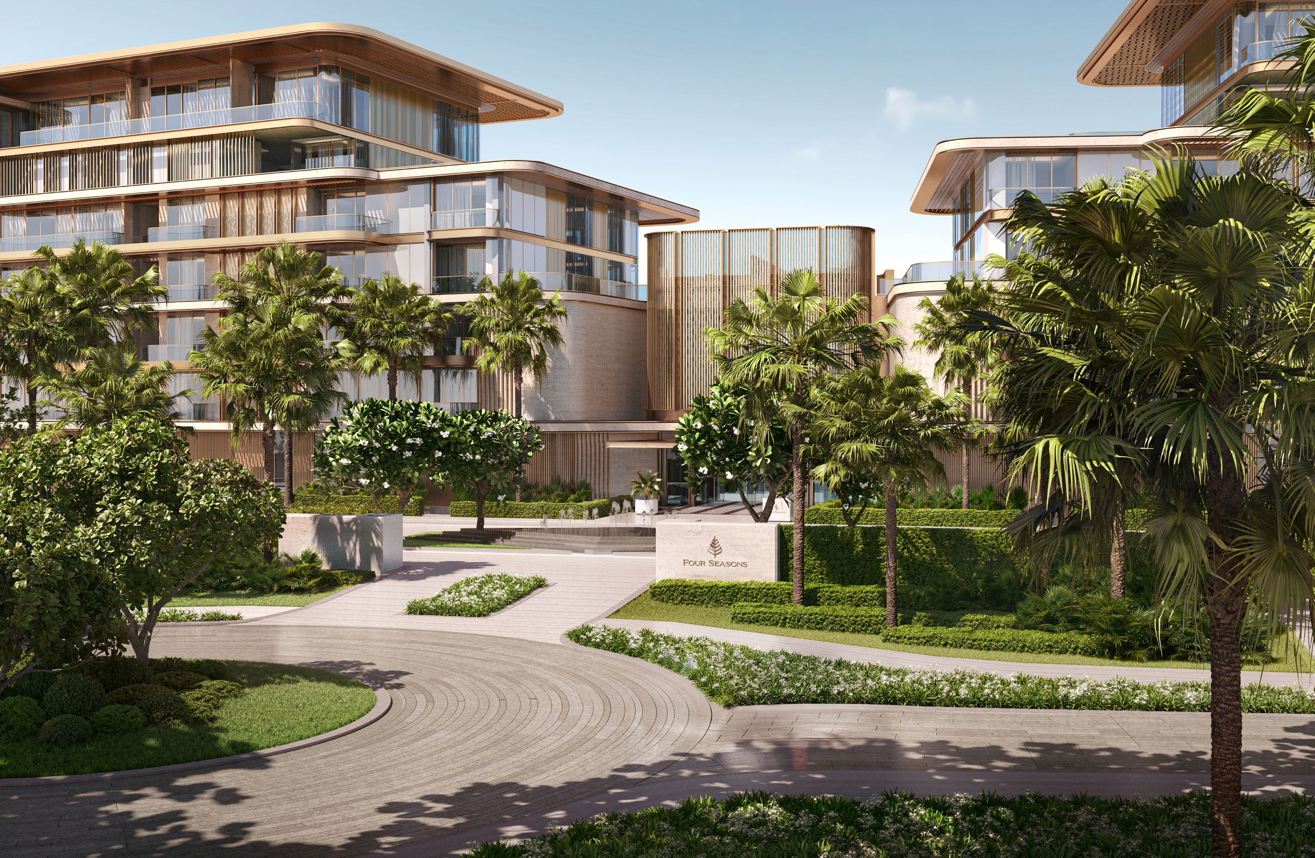 Landscaped arrival CGI at Four Seasons Private Residences Abu Dhabi