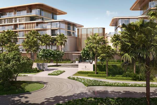 Landscaped arrival CGI at Four Seasons Private Residences Abu Dhabi